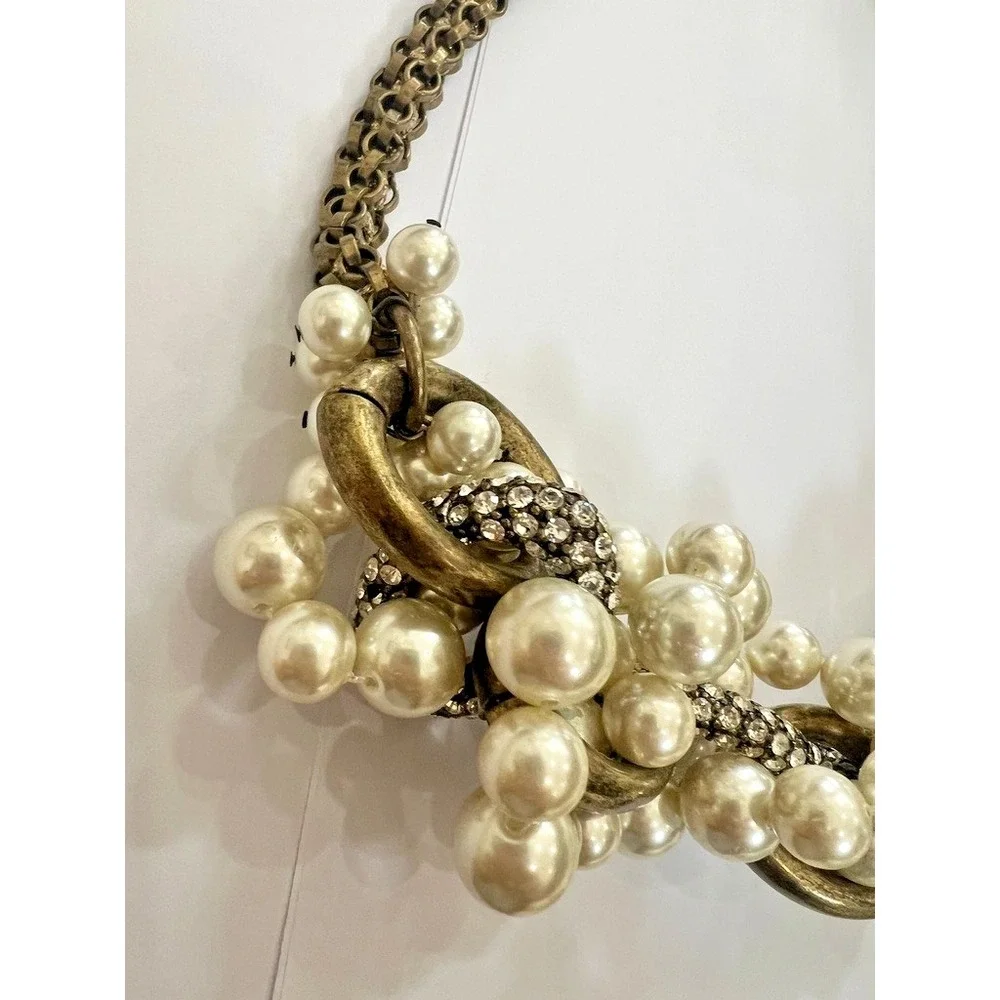 NOS Lee Angel Faux Pearl Rhinestone Link Necklace Antiqued Gold Y2K Luxe Baroque